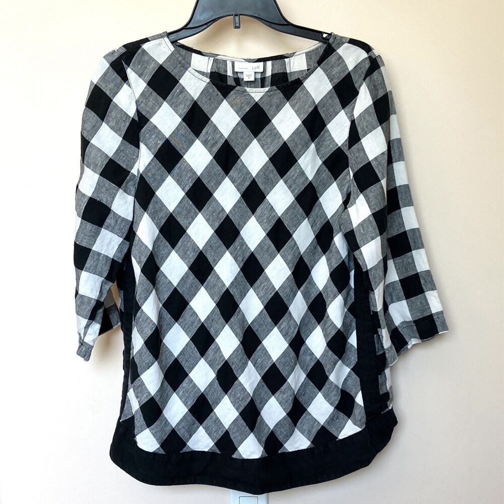 J. Jill Love Shirt Medium black and white check 3/4 Sleeve Linen Pullover Preppy